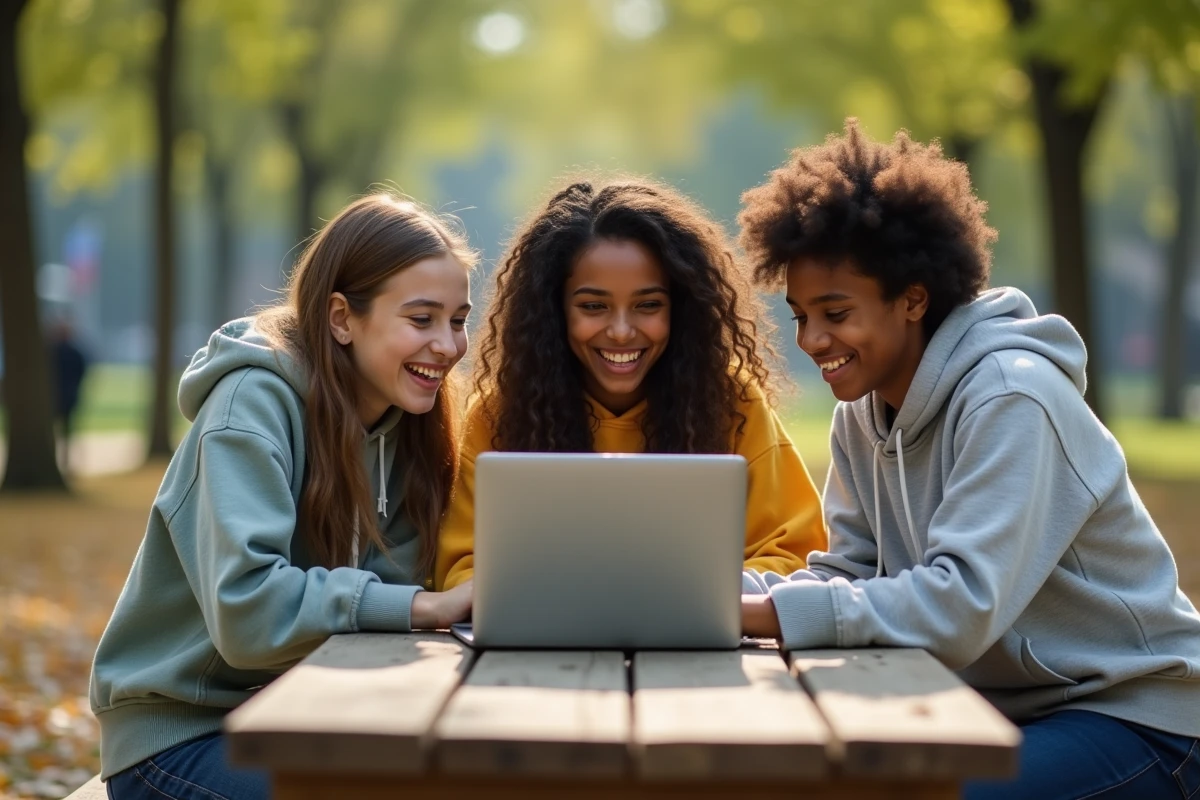 Groupe d adolescents souriants autour d’un ordinateur en plein air