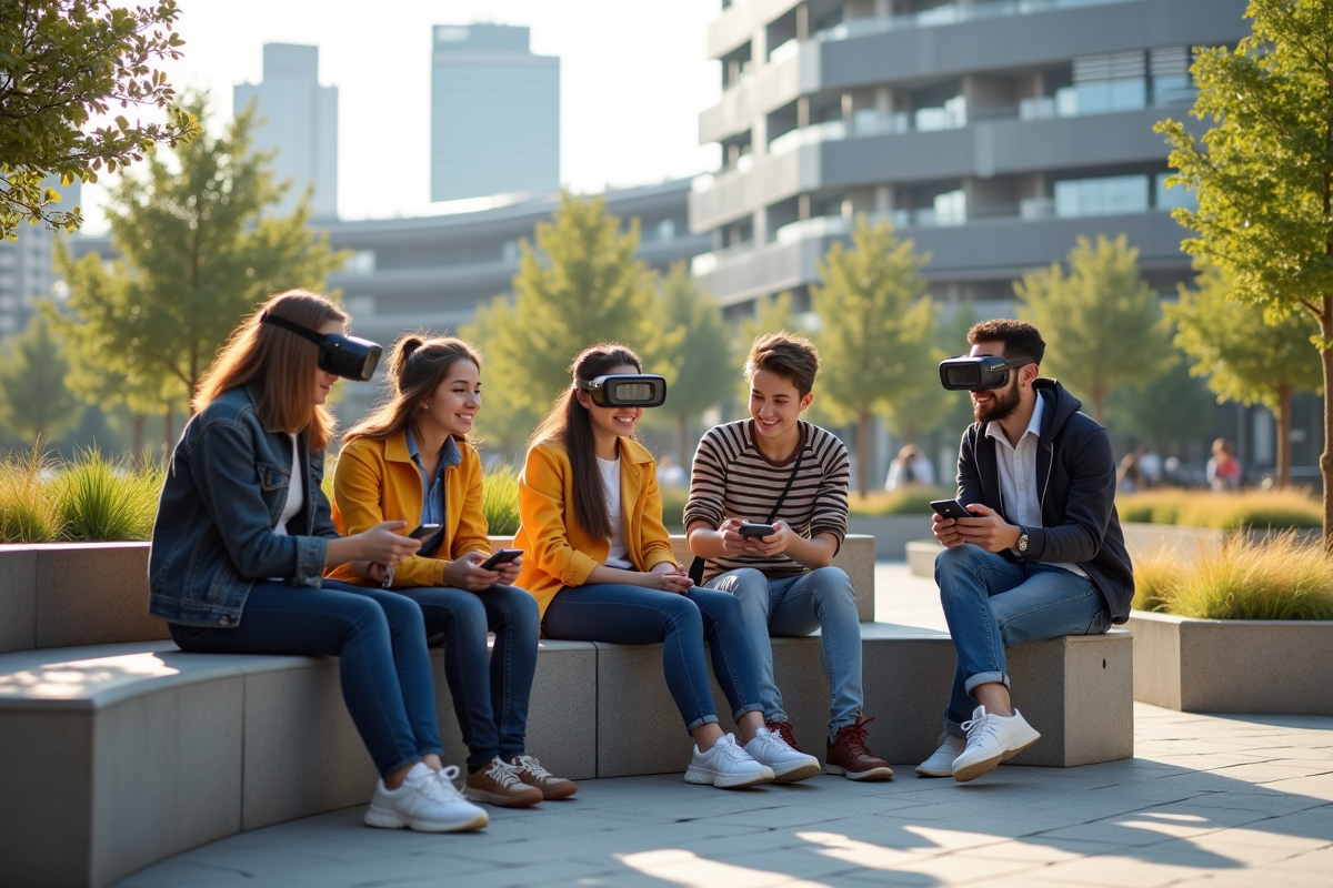 Jeunes avec technologies portables dans une place urbaine