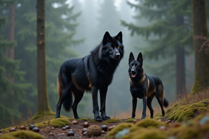 Loup noir et chien de garde dans la forêt brumeuse