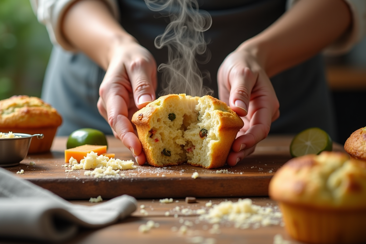 Mains ouvrant un muffin chaud pour voir l interieur moelleux