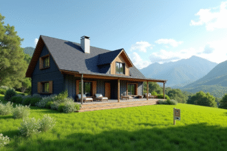 Maison de campagne moderne avec jardin ensoleille et montagnes