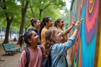 Groupe diversifié peignant une murale dans un parc urbain