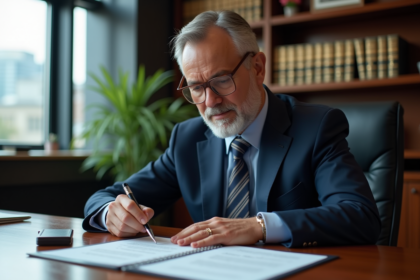 Notaire en costume examine documents immobiliers