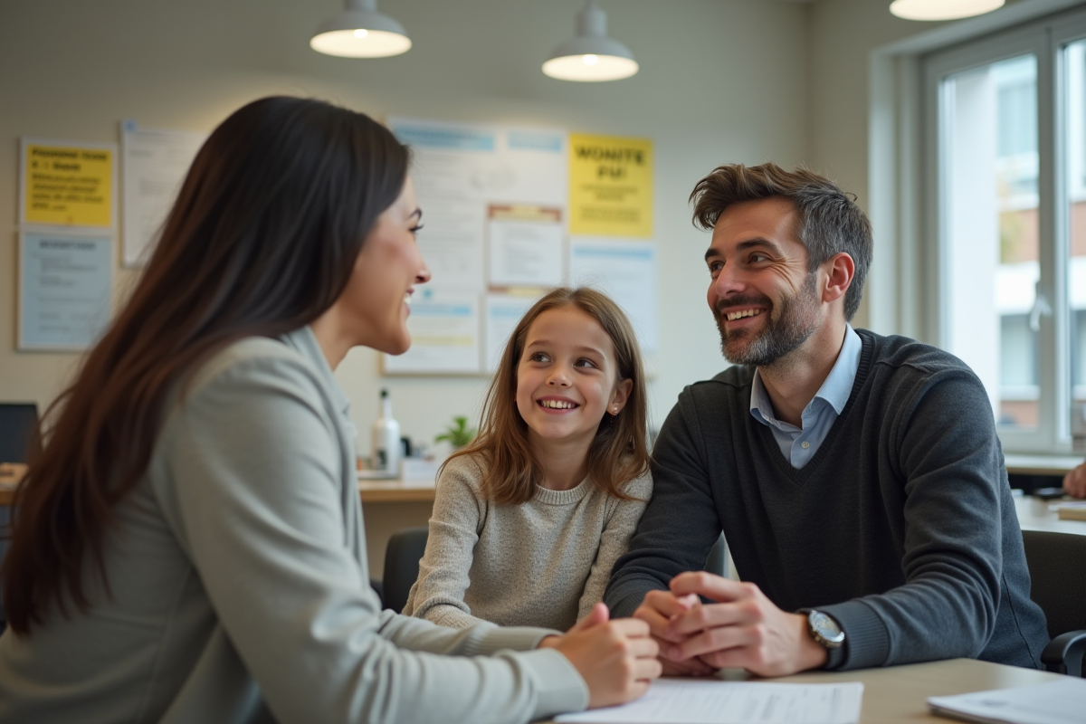 Père et fille discutant avec une assistante sociale