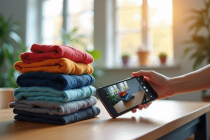 Pile de vêtements colorés sur une table en bois lumineux