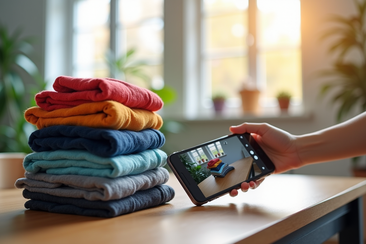 Pile de vêtements colorés sur une table en bois lumineux