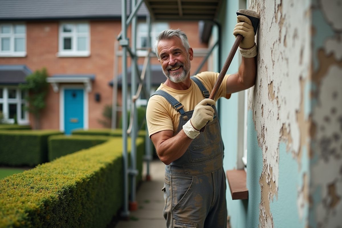 Homme en overalls peints en train de gratter une façade de maison