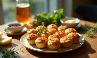 Table pour apéritif avec muffins dorés et herbes fraîches