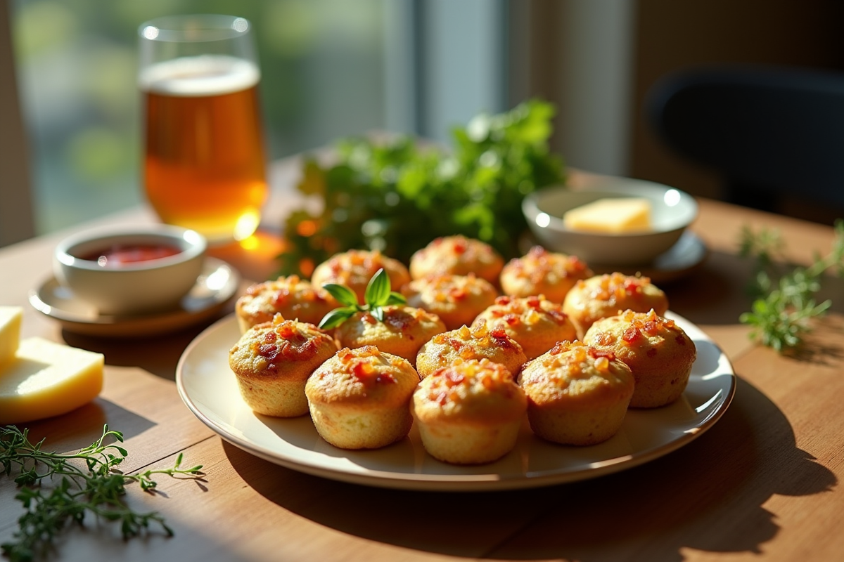 Table pour apéritif avec muffins dorés et herbes fraîches