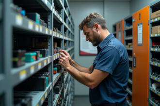 Technicien organisant des batteries dans un local moderne